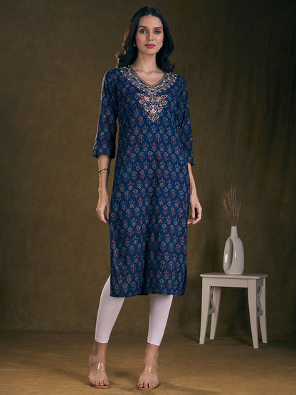 Ethnic Floral Printed & Embroidered A-Line Kurta - Blue