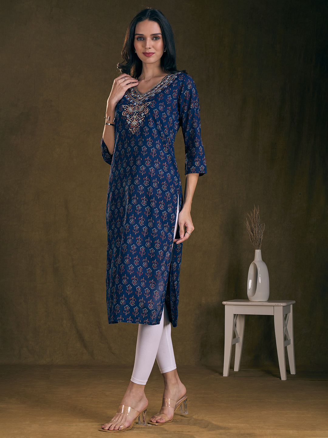 Ethnic Floral Printed & Embroidered A-Line Kurta - Blue