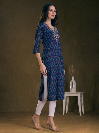 Ethnic Floral Printed & Embroidered A-Line Kurta - Blue