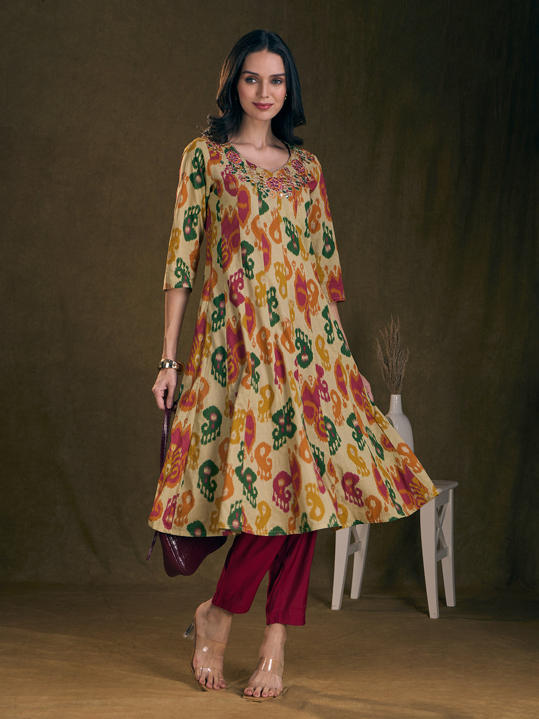 Ethnic Ikat Printed Mirror Embroidered Anarkali Flared Kurta - Multi