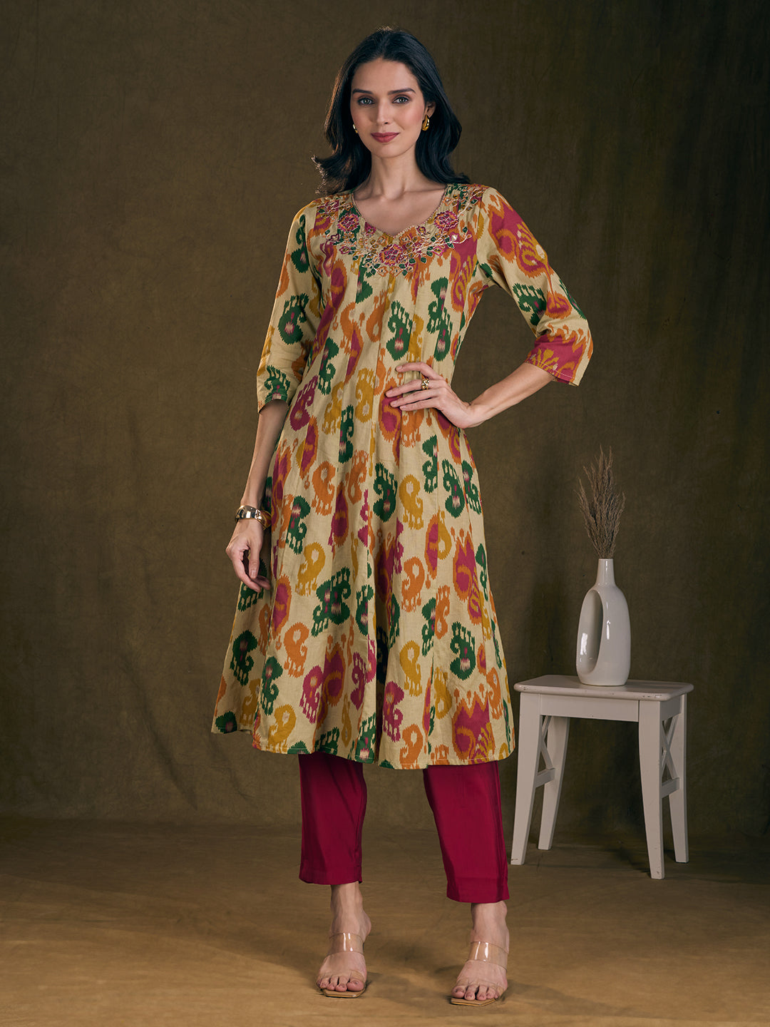 Ethnic Ikat Printed Mirror Embroidered Anarkali Flared Kurta - Multi