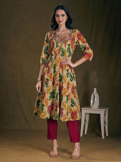 Ethnic Ikat Printed Mirror Embroidered Anarkali Flared Kurta - Multi