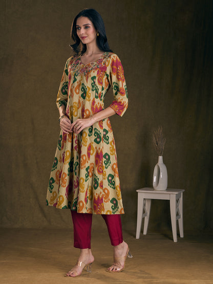 Ethnic Ikat Printed Mirror Embroidered Anarkali Flared Kurta - Multi