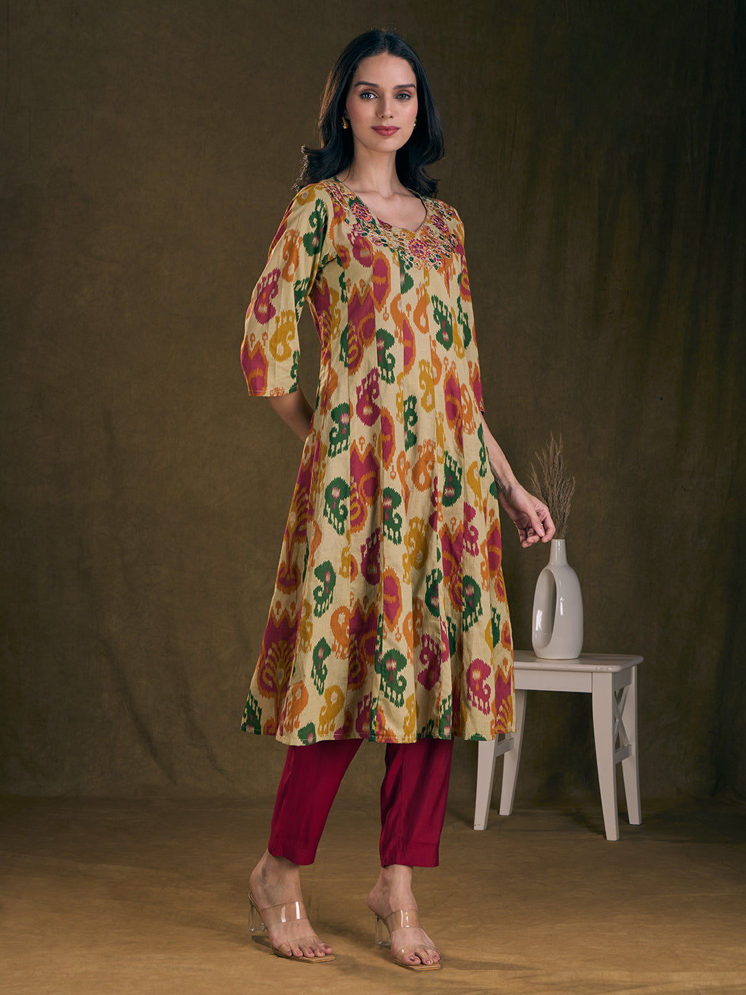 Ethnic Ikat Printed Mirror Embroidered Anarkali Flared Kurta - Multi