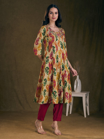 Ethnic Ikat Printed Mirror Embroidered Anarkali Flared Kurta - Multi