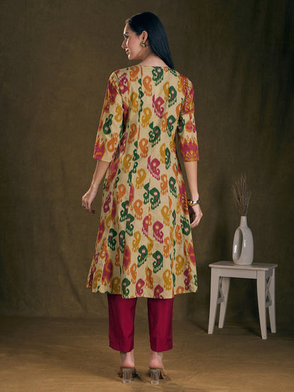 Ethnic Ikat Printed Mirror Embroidered Anarkali Flared Kurta - Multi