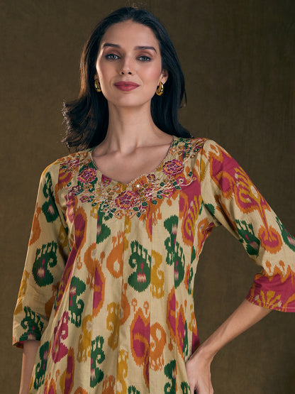 Ethnic Ikat Printed Mirror Embroidered Anarkali Flared Kurta - Multi