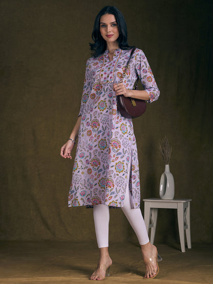 Floral Printed & Mirror Embroidered Straight Fit Kurta - Lavender