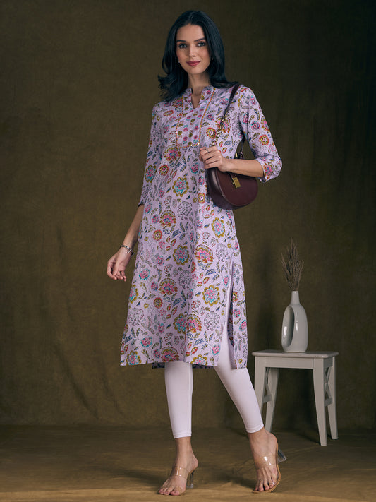 Floral Printed & Mirror Embroidered Straight Fit Kurta - Lavender