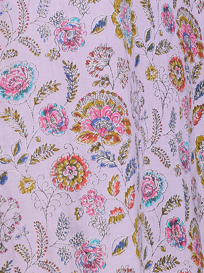 Floral Printed & Mirror Embroidered Straight Fit Kurta - Lavender