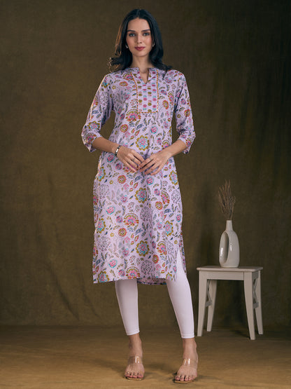 Floral Printed & Mirror Embroidered Straight Fit Kurta - Lavender