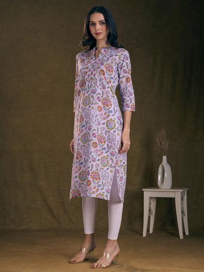 Floral Printed & Mirror Embroidered Straight Fit Kurta - Lavender