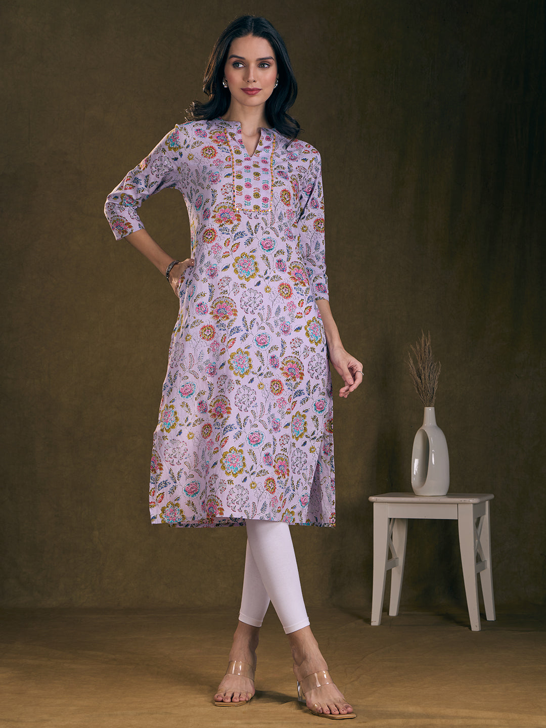 Floral Printed & Mirror Embroidered Straight Fit Kurta - Lavender