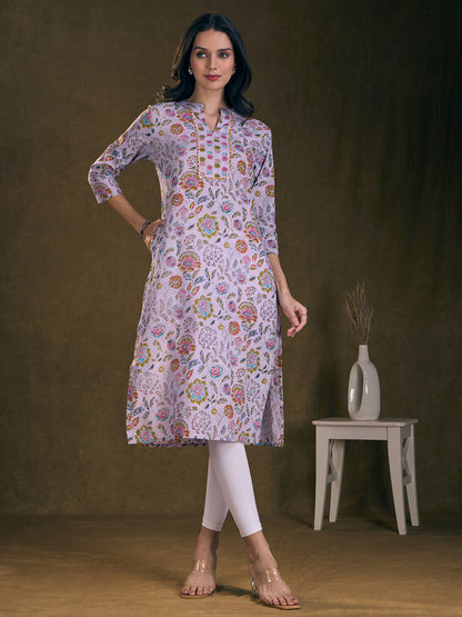 Floral Printed & Mirror Embroidered Straight Fit Kurta - Lavender