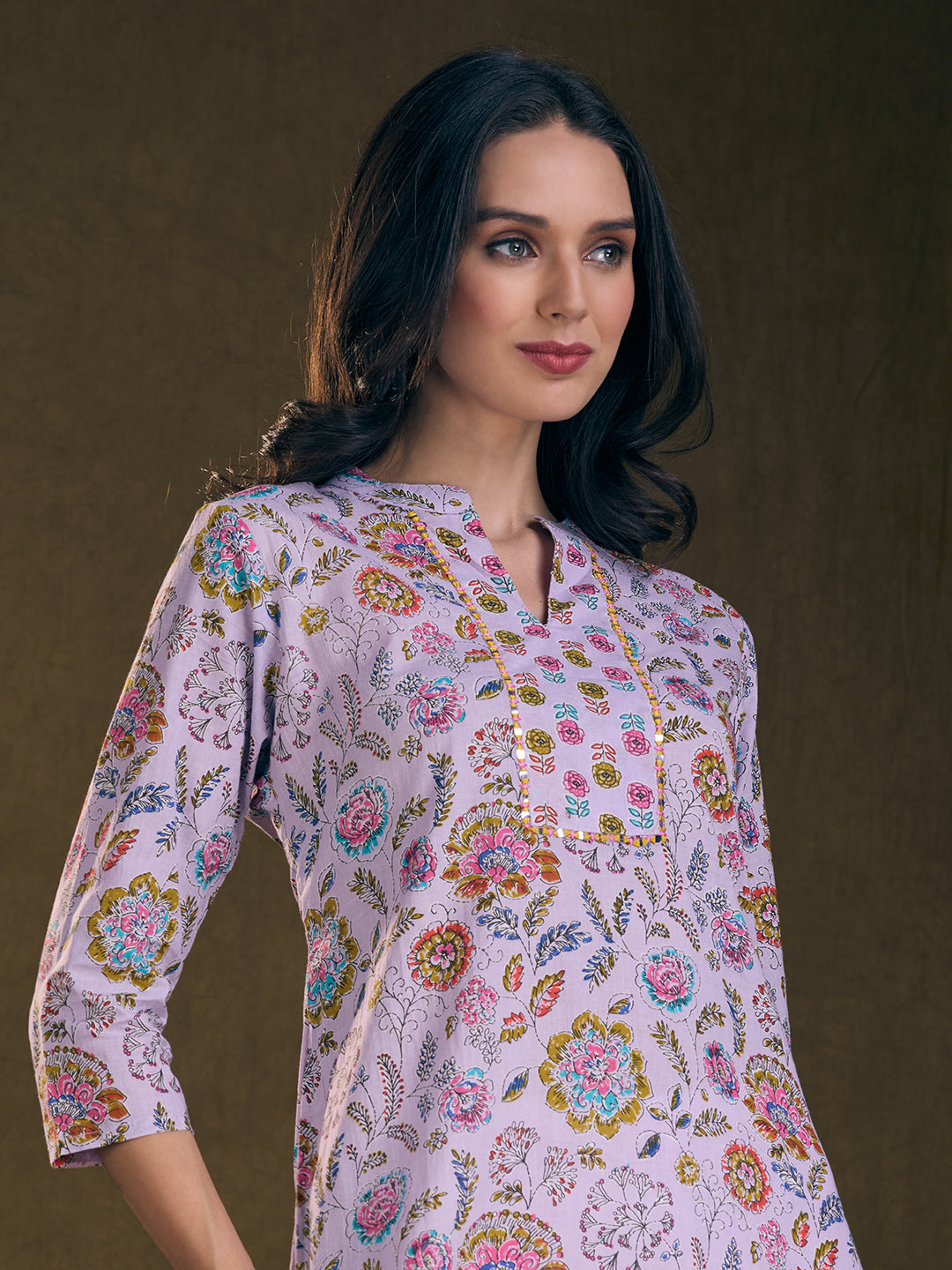 Floral Printed & Mirror Embroidered Straight Fit Kurta - Lavender