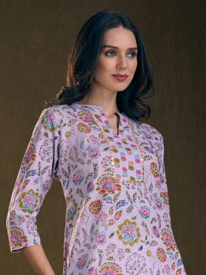 Floral Printed & Mirror Embroidered Straight Fit Kurta - Lavender