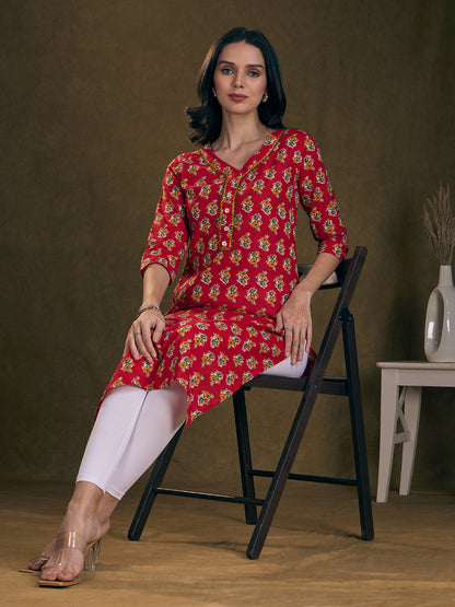 Floral Printed & Mirror Embroidered Straight Fit Kurta - Red