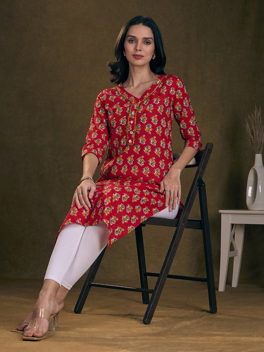 Floral Printed & Mirror Embroidered Straight Fit Kurta - Red