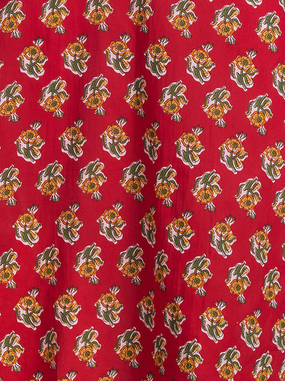 Floral Printed & Mirror Embroidered Straight Fit Kurta - Red