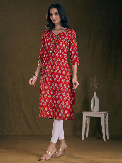 Floral Printed & Mirror Embroidered Straight Fit Kurta - Red