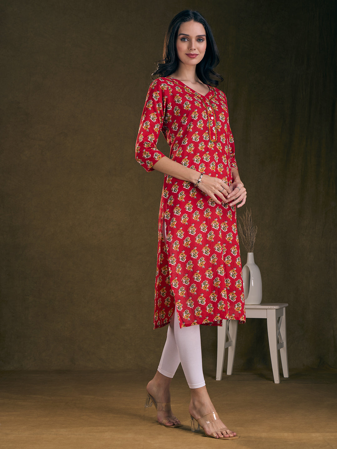 Floral Printed & Mirror Embroidered Straight Fit Kurta - Red