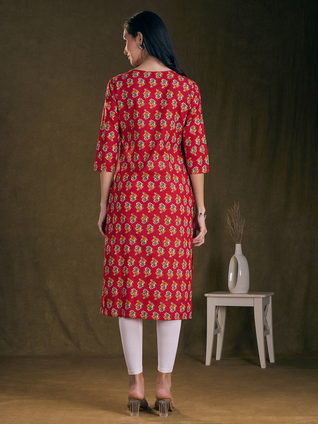 Floral Printed & Mirror Embroidered Straight Fit Kurta - Red