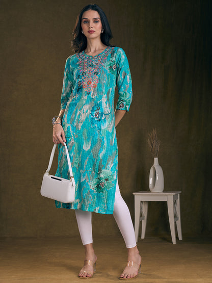 Abstract Floral Foil Printed & Embroidered Straight Fit Pin Tucked Kurta - Turquoise Blue