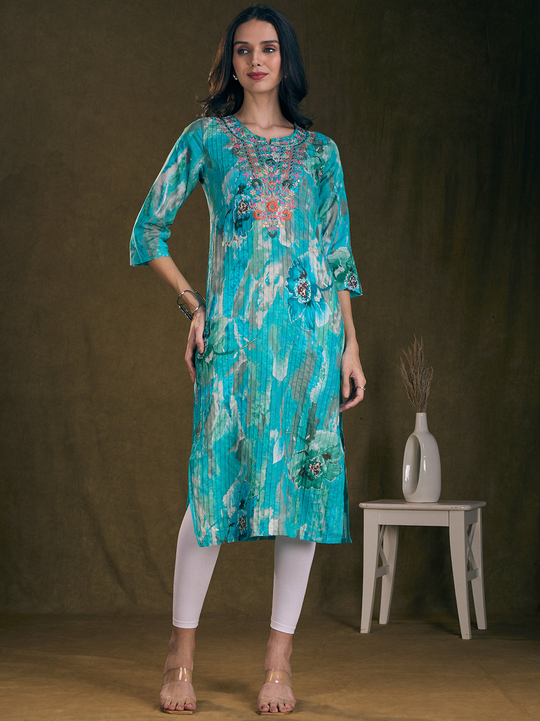 Abstract Floral Foil Printed & Embroidered Straight Fit Pin Tucked Kurta - Turquoise Blue