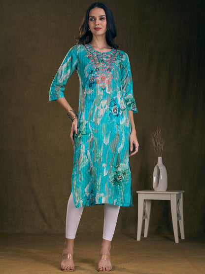 Abstract Floral Foil Printed & Embroidered Straight Fit Pin Tucked Kurta - Turquoise Blue