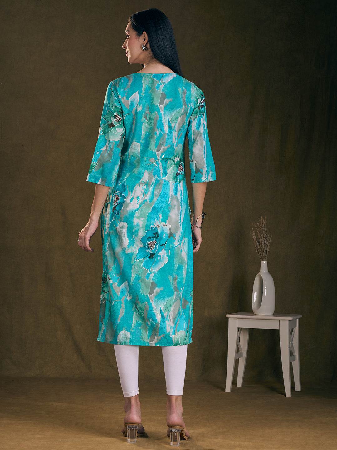 Abstract Floral Foil Printed & Embroidered Straight Fit Pin Tucked Kurta - Turquoise Blue