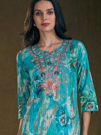 Abstract Floral Foil Printed & Embroidered Straight Fit Pin Tucked Kurta - Turquoise Blue
