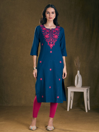 Solid Floral Chikankari Embroidered Straight Fit Kurta - Navy Blue