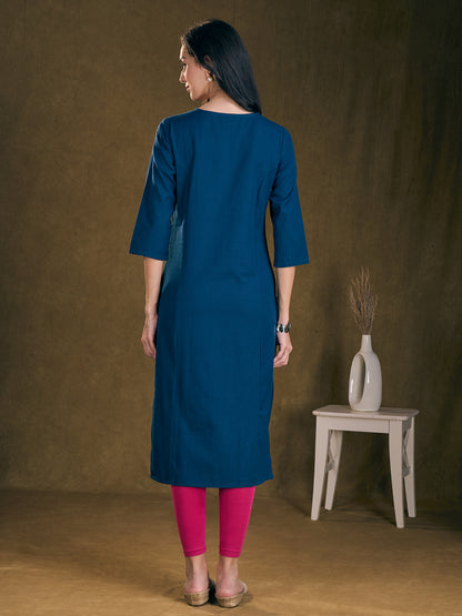 Solid Floral Chikankari Embroidered Straight Fit Kurta - Navy Blue