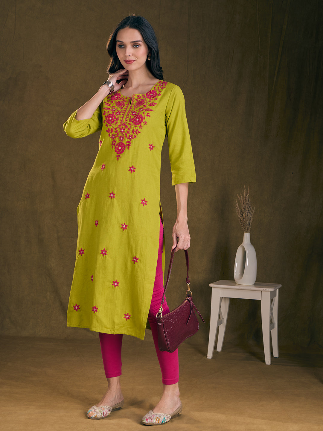 Solid Floral Chikankari Embroidered Straight Fit Kurta - Mustard Green