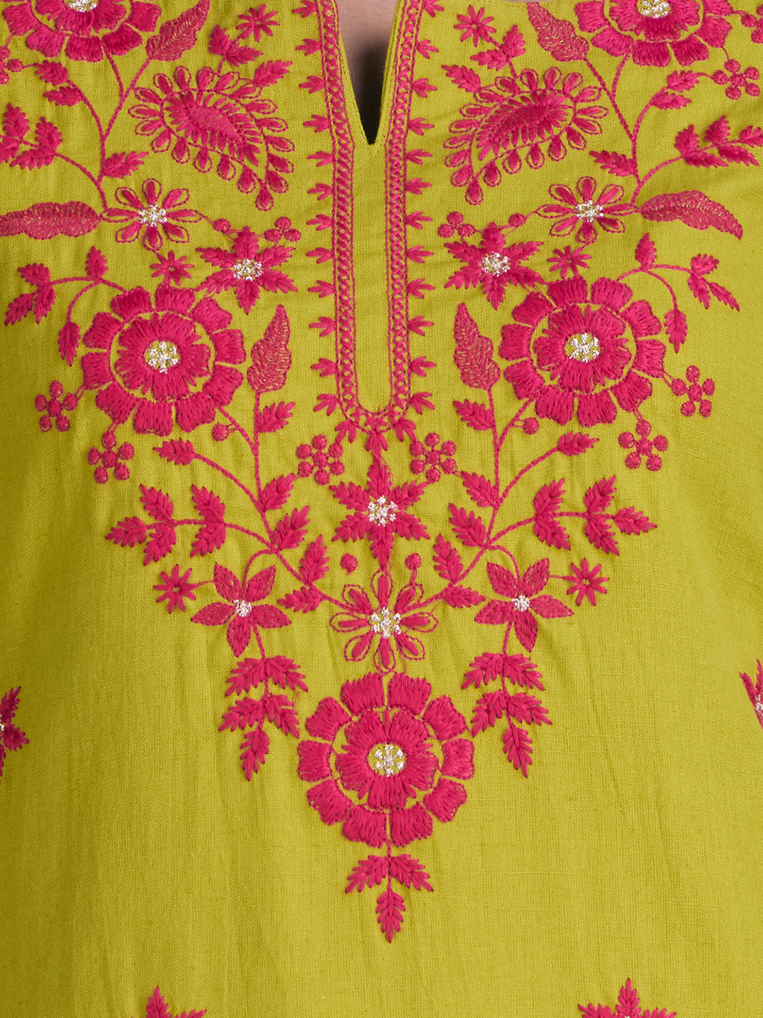 Solid Floral Chikankari Embroidered Straight Fit Kurta - Mustard Green