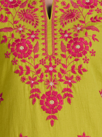 Solid Floral Chikankari Embroidered Straight Fit Kurta - Mustard Green