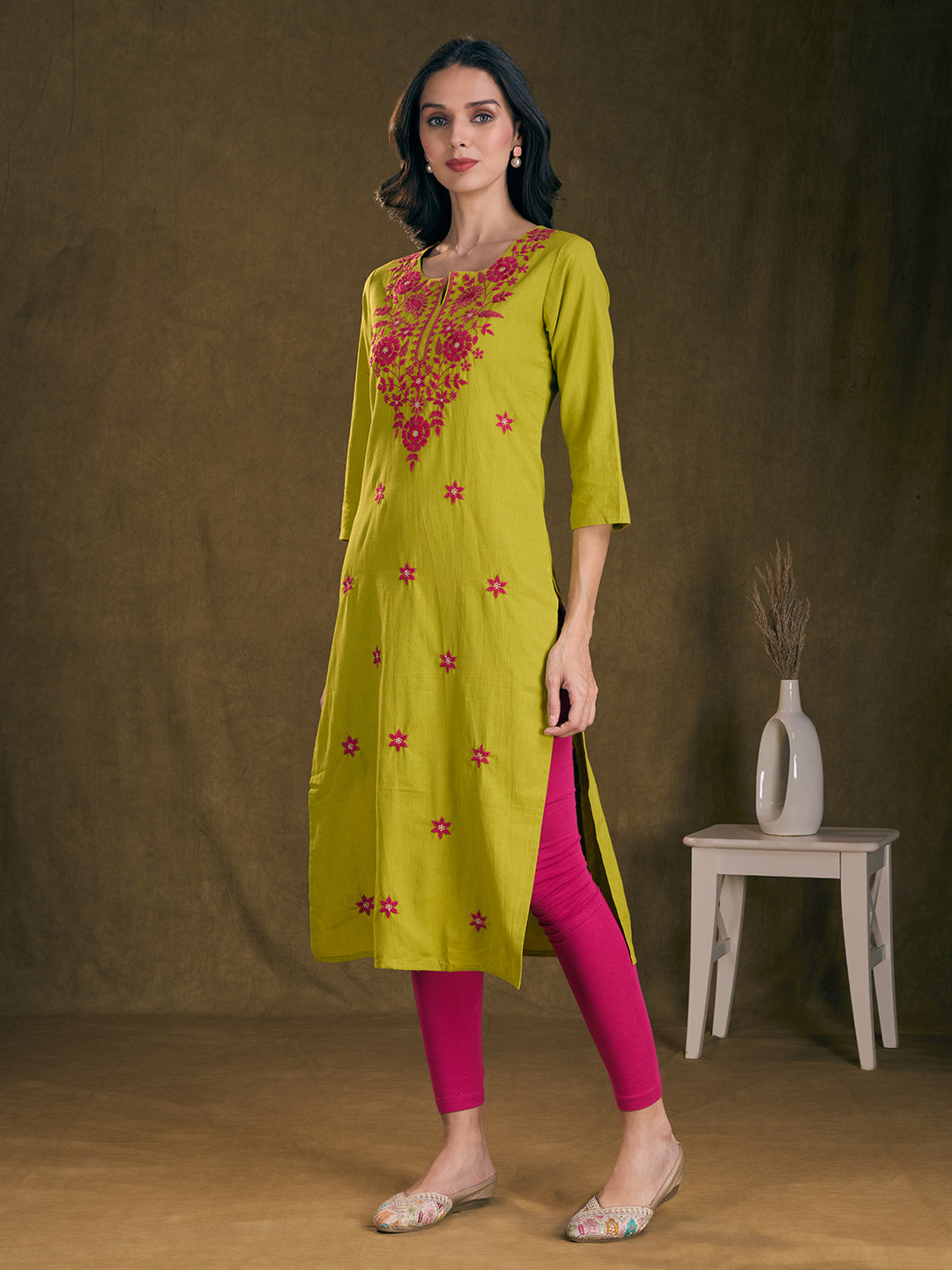 Solid Floral Chikankari Embroidered Straight Fit Kurta - Mustard Green