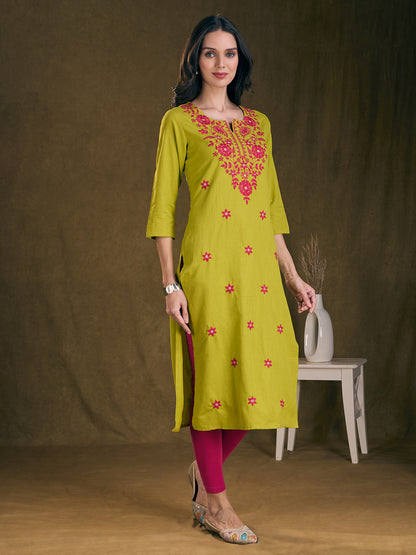 Solid Floral Chikankari Embroidered Straight Fit Kurta - Mustard Green
