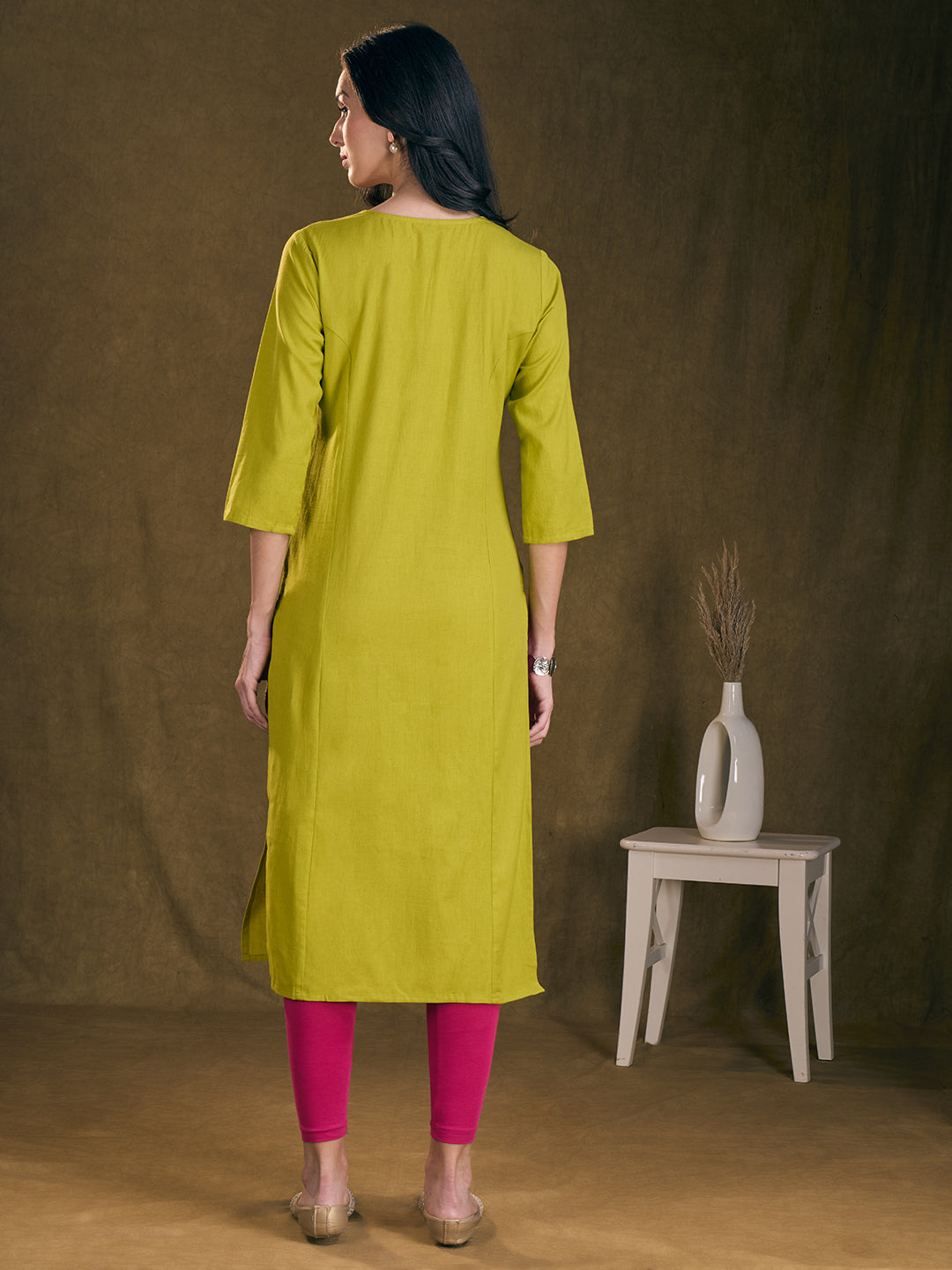 Solid Floral Chikankari Embroidered Straight Fit Kurta - Mustard Green
