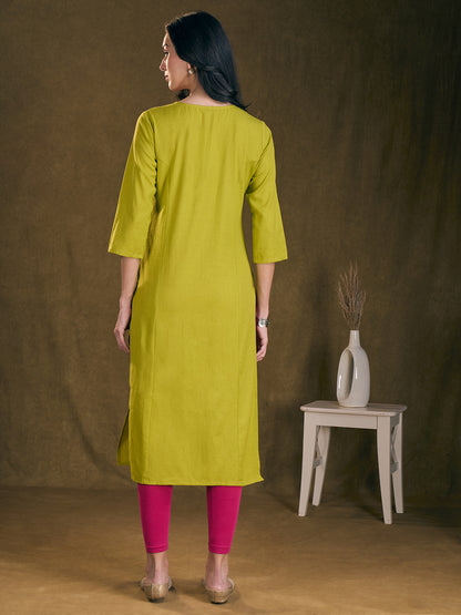 Solid Floral Chikankari Embroidered Straight Fit Kurta - Mustard Green