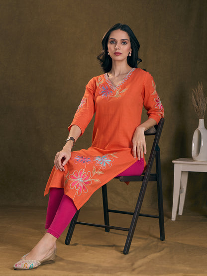 Floral Patchwork Embroidered A-Line Flared Kurta - Orange
