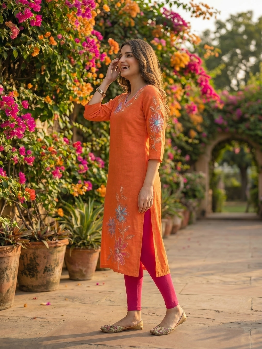 Floral Patchwork Embroidered A-Line Flared Kurta - Orange