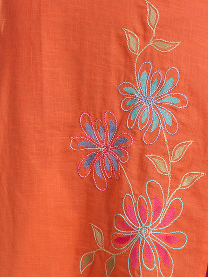 Floral Patchwork Embroidered A-Line Flared Kurta - Orange