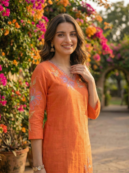 Floral Patchwork Embroidered A-Line Flared Kurta - Orange