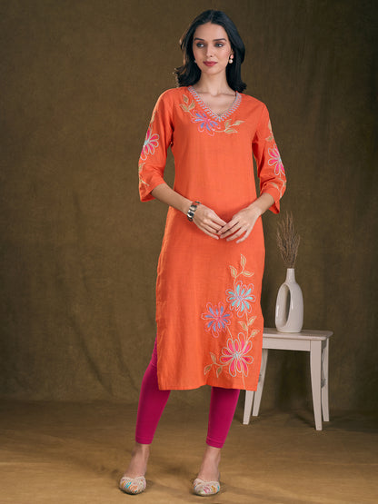 Floral Patchwork Embroidered A-Line Flared Kurta - Orange