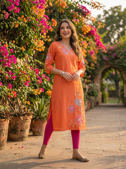 Floral Patchwork Embroidered A-Line Flared Kurta - Orange
