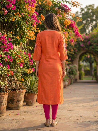 Floral Patchwork Embroidered A-Line Flared Kurta - Orange