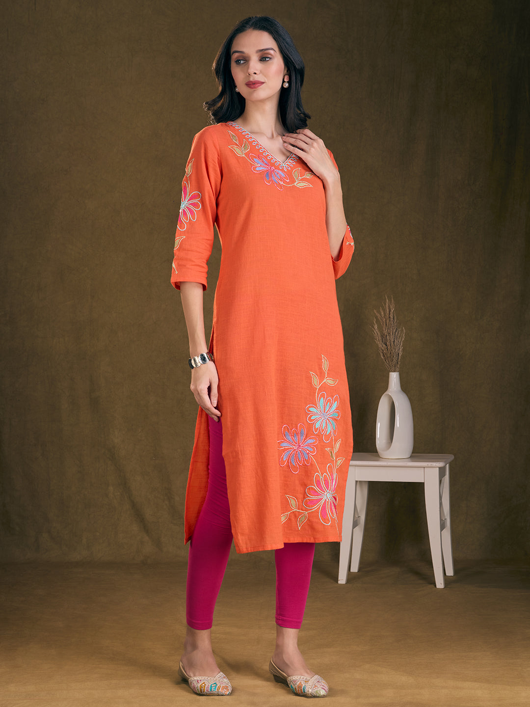 Floral Patchwork Embroidered A-Line Flared Kurta - Orange