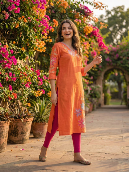 Floral Patchwork Embroidered A-Line Flared Kurta - Orange