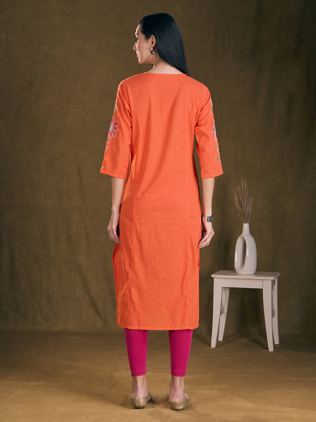 Floral Patchwork Embroidered A-Line Flared Kurta - Orange
